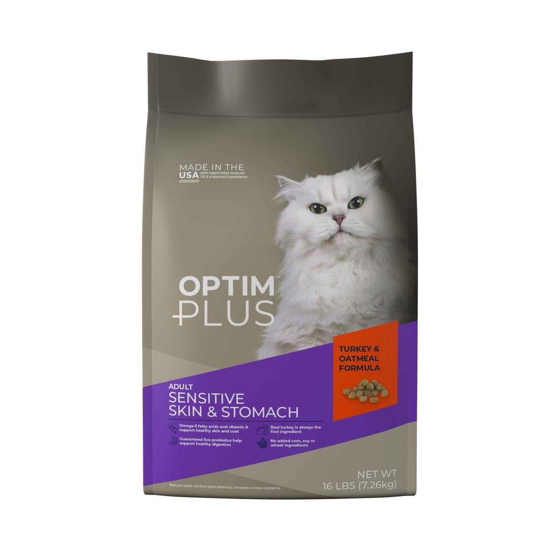 OptimPlus Adult Sensitive Skin & Stomach Turkey & Oatmeal Formula Dry Cat Food, 16 Pounds