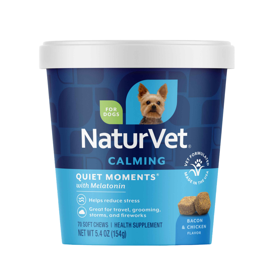 NaturVet Quiet Moments Calming Dog Supplement, Bacon and Chicken Flavor, 70 Soft Chews