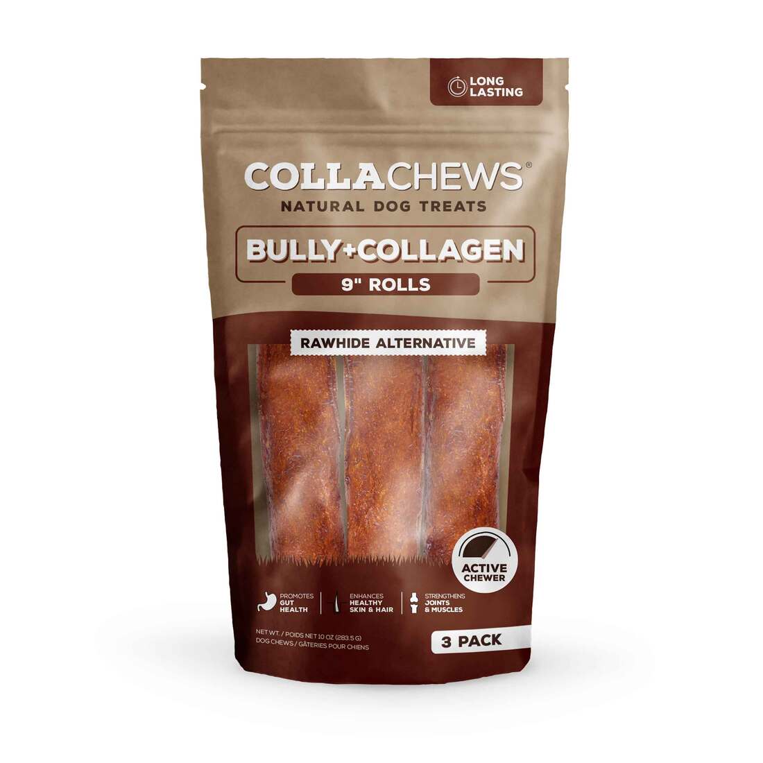 CollaChews Collagen Dog Chews, Large Rolls, Bully Flavor - 3 Pack