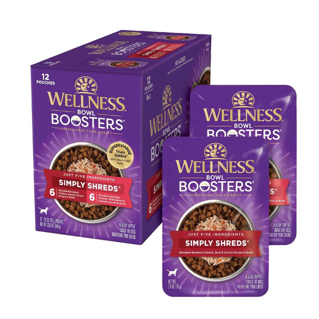 Wellness Bowl Boosters Simply Shreds Variety Pack Wet Dog Food, 2.8 Ounce Pouch (Pack of 12)