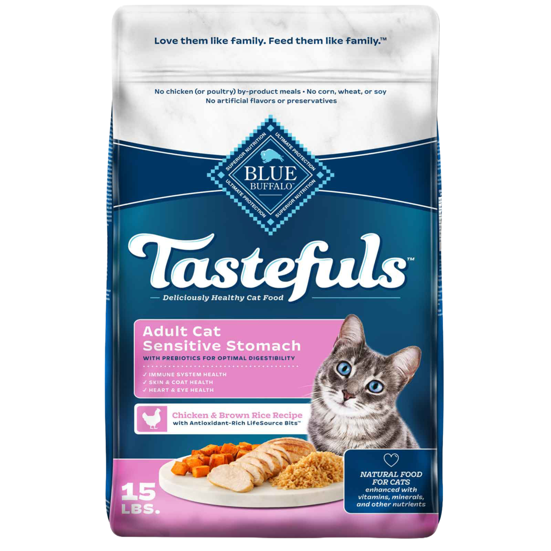 Blue Buffalo Tastefuls Adult Natural Sensitive Stomach Dry Cat Food, Chicken & Brown Rice Recipe, 15