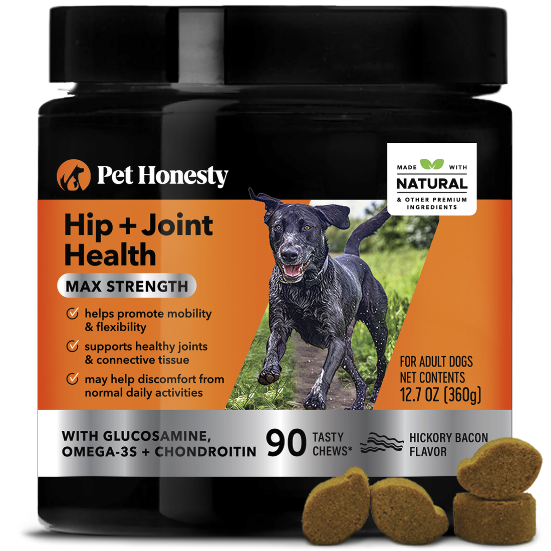 Pet Honesty Hip + Joint Health Max Strength Supplement for Dogs, Bacon Flavor, 90 Chews