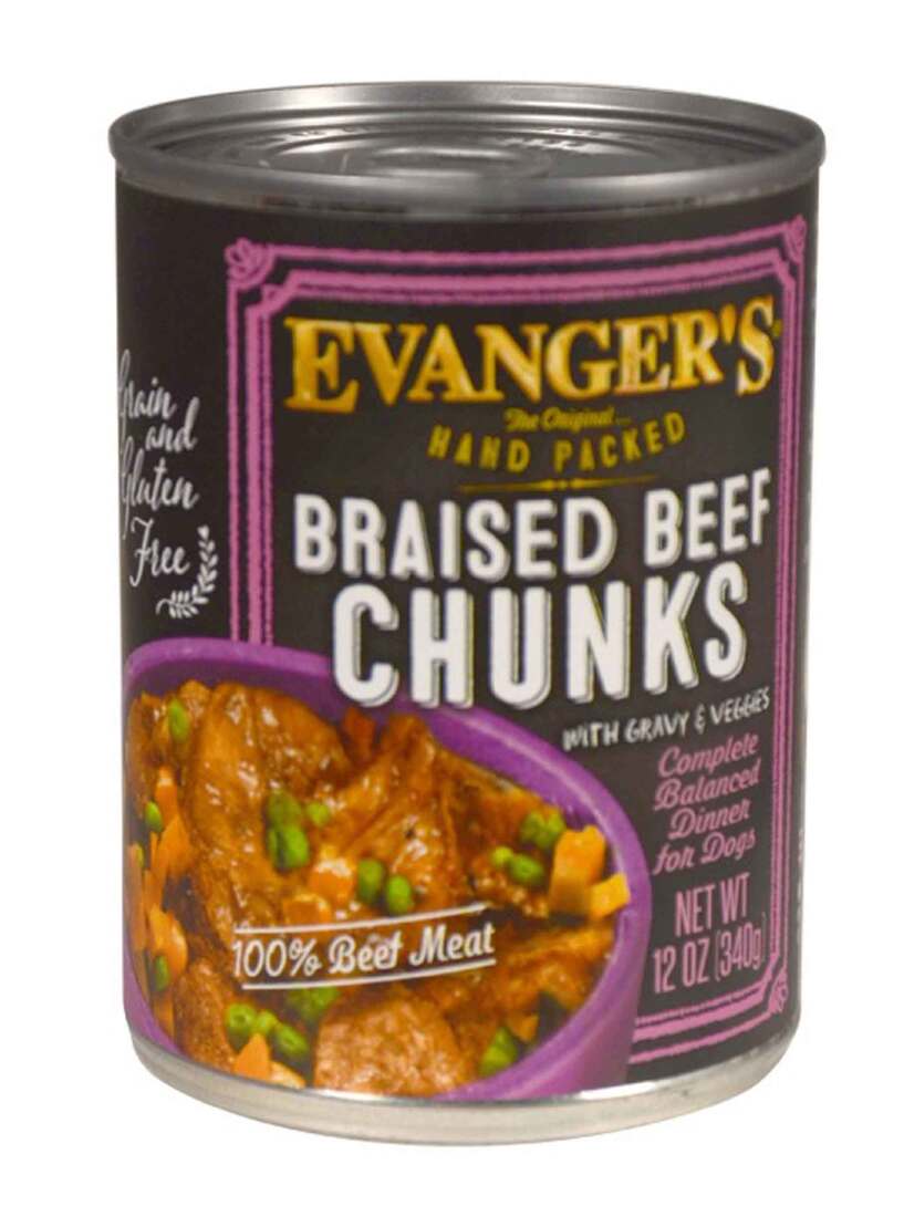 Evangers Hand Packed Grain Free Braised Beef Chunks with Gravy Wet Dog Food, 12 Ounces
