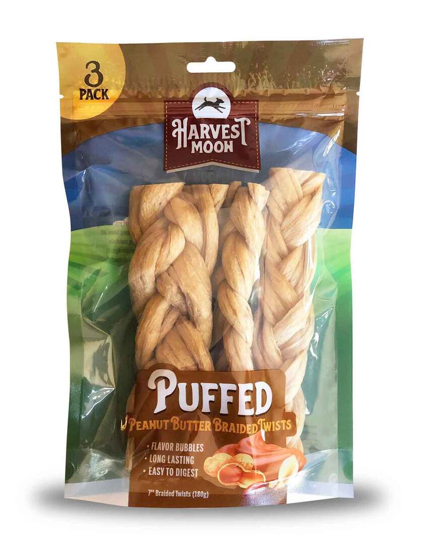 Harvest Moon Hide Free Peanut Butter Puffed Braided Twist, 7 Inches, 3 Count