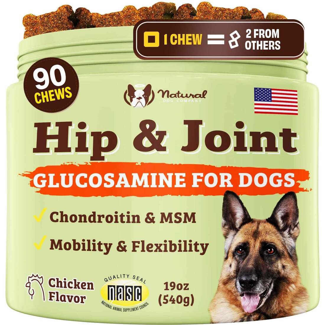 Natural Dog Company Hip & Joint Chews for Dogs, Chicken Flavor, 90 Count