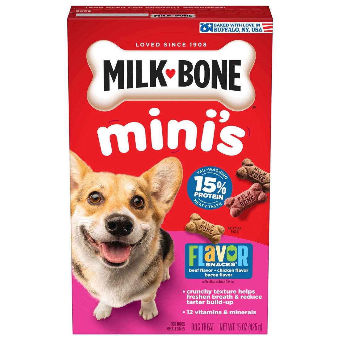 Milk-Bone Flavor Snacks Mini's Dog Biscuits, Flavored Crunchy Dog Treats, 15 Ounce Box