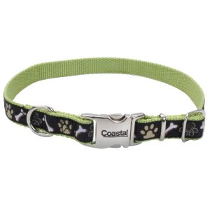 Ribbon Adjustable Dog Collar with Metal Buckle, Brown Paws and Bones, 5/8" x 12"-18"