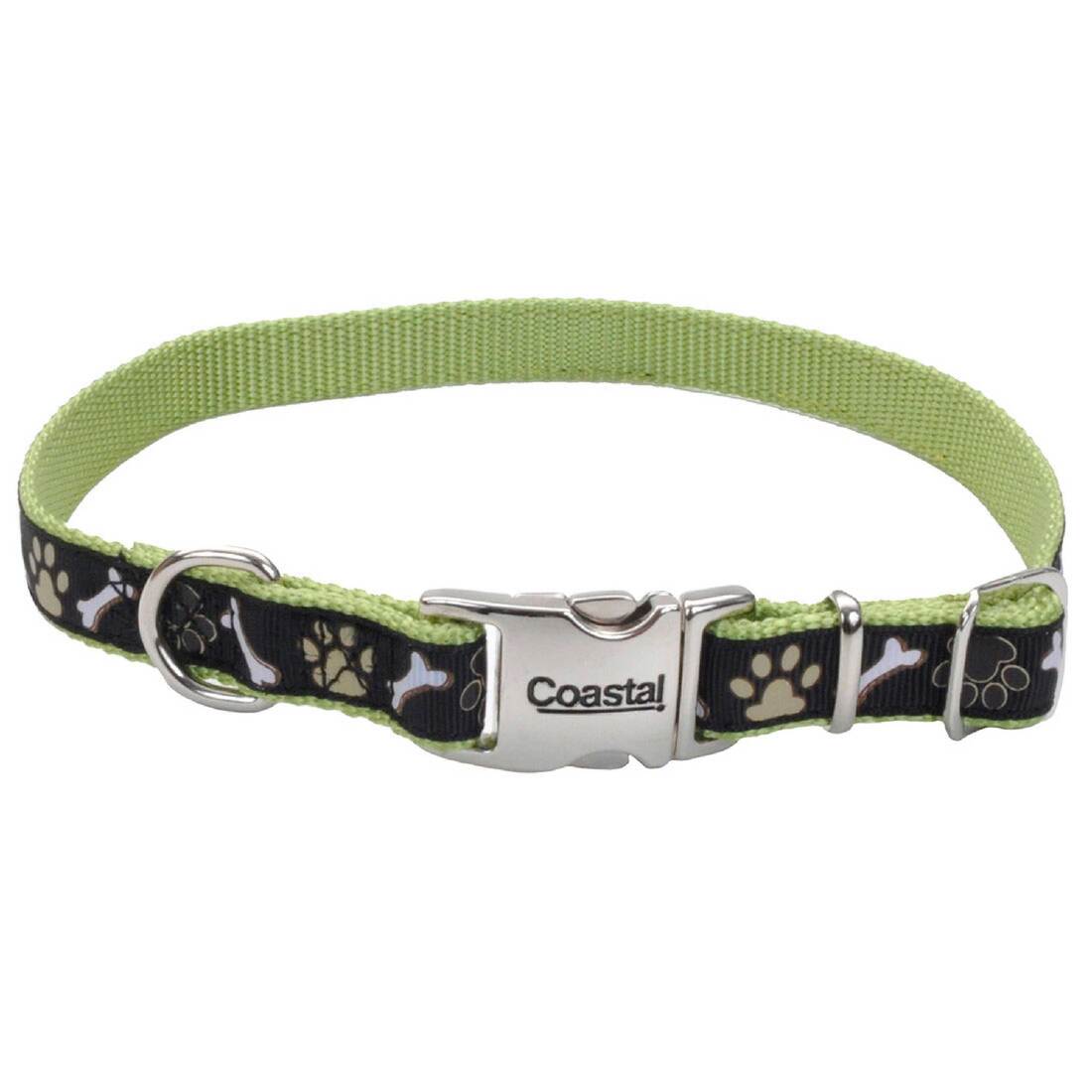 Ribbon Adjustable Dog Collar with Metal Buckle, Brown Paws and Bones, 5/8" x 12"-18"