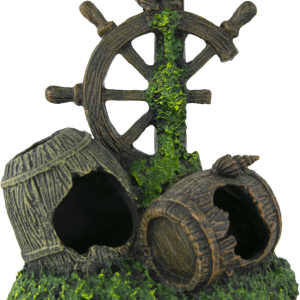 Fins First Aquarium Décor, Sunken Ship Wheel and Barrels, Medium