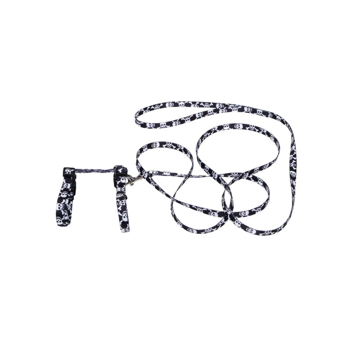 Figure "H" Fashion Adjustable Cat Harness and Leash Combo, Black Skulls, 3/8" x 10"-18"