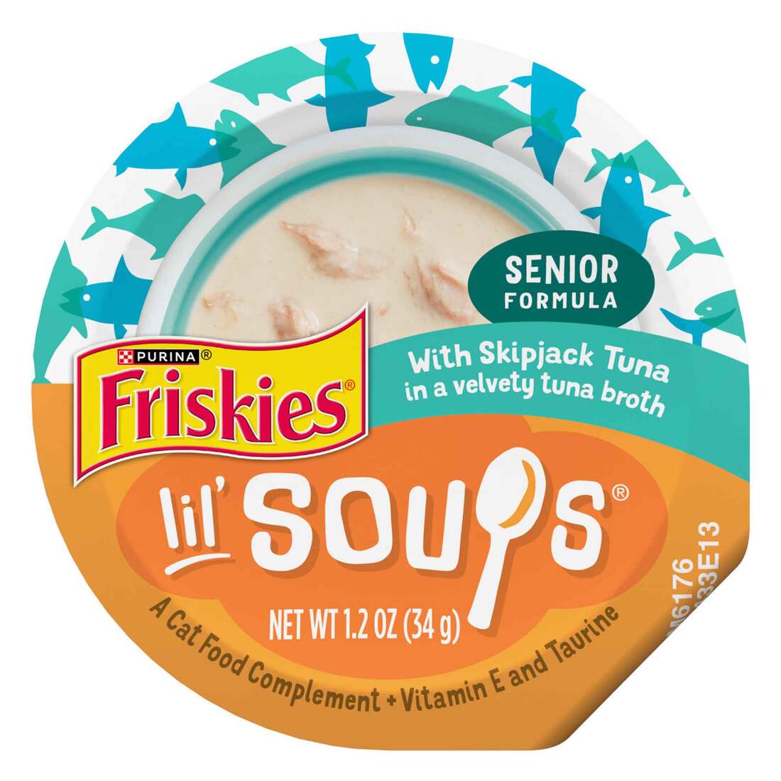 Purina Friskies Grain Free Senior Lickable Cat Food Toppers Lil' Soups With Skipjack Tuna in a Velve
