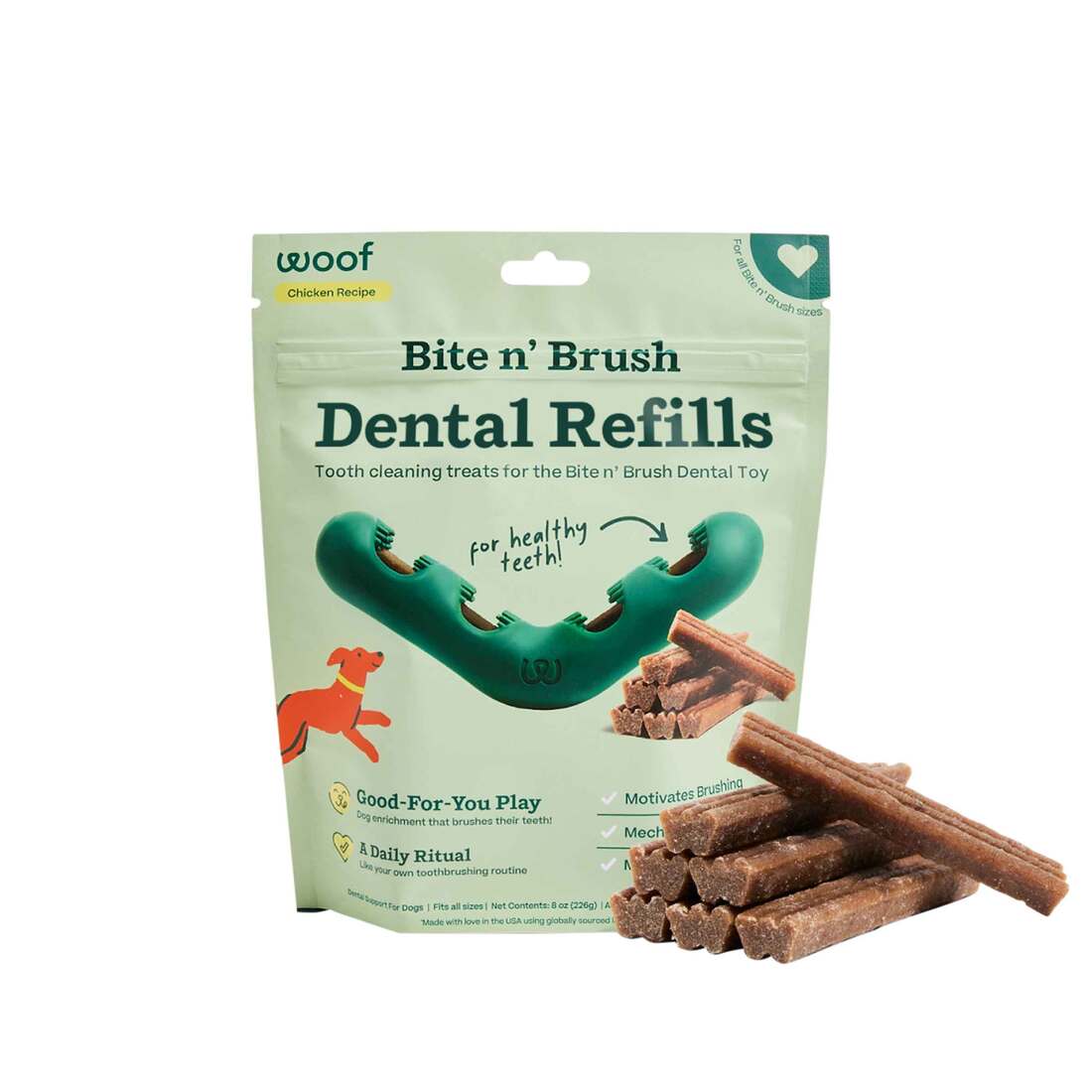 Woof Bite n' Brush Refill Grain-Free Chicken Sticks Adult Dental Dog Chew Treats, 8 Ounces