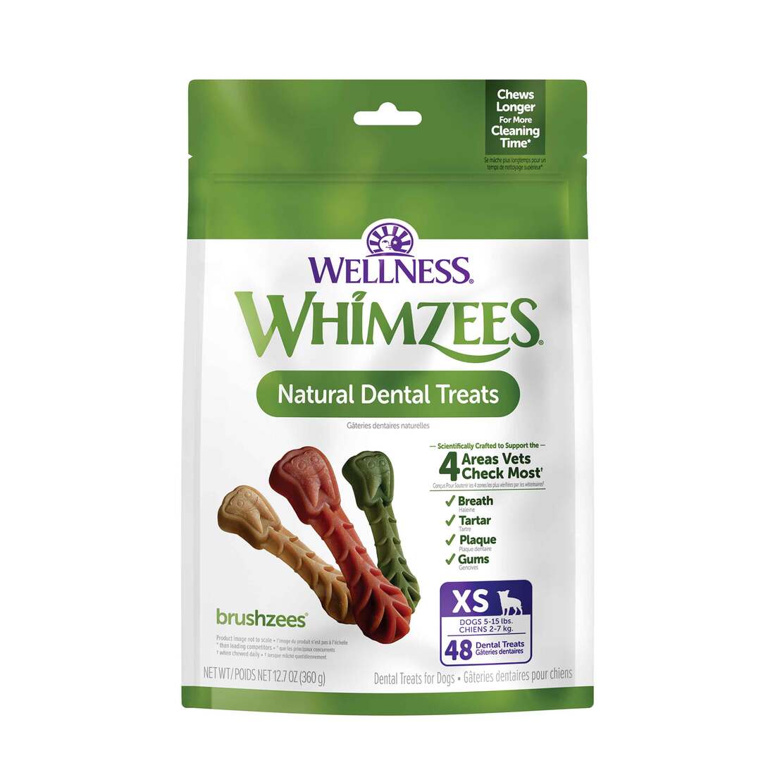 Wellness WHIMZEES Brushzees Dog Dental Treats, Extra Small Size Stick, (48 Count)