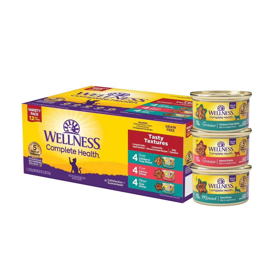 Wellness Complete Health Gravy & Minced Adult Natural Grain Free Wet Cat Food, Salmon, Tuna, and Chi
