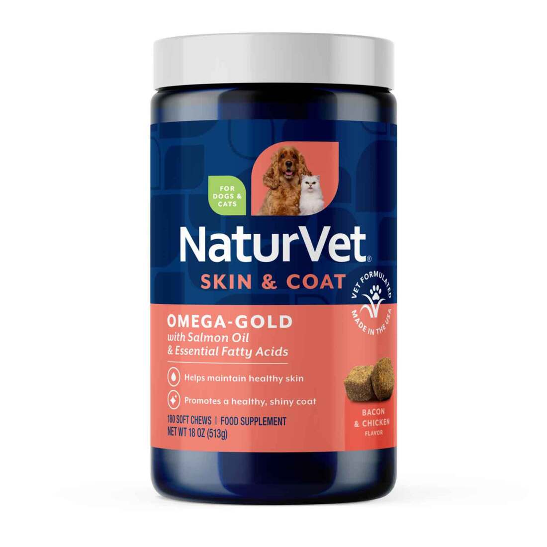 NaturVet Omega Gold Skin & Coat Supplement for Dogs and Cats, Bacon and Chicken Flavor, 180 Count