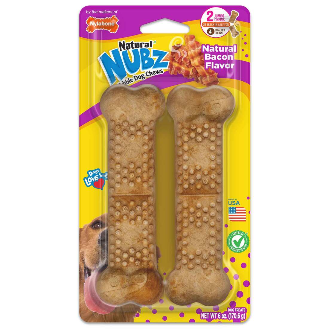 Nylabone Nubz Bacon Dog Chew, Jumbo, 2 Count, 6 Ounces