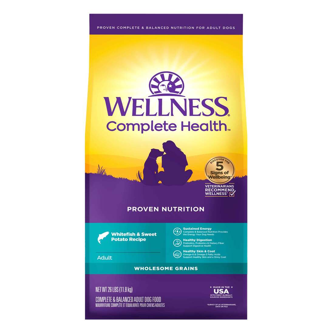 Wellness Complete Health Wholesome Grains Whitefish & Sweet Potato Recipe Natural Dry Dog Food, 26-P