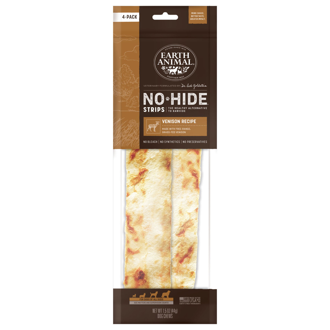 Earth Animal No-Hide Strips Venison Recipe Natural Rawhide Alternative Dog Chew Treat, 4 Pack
