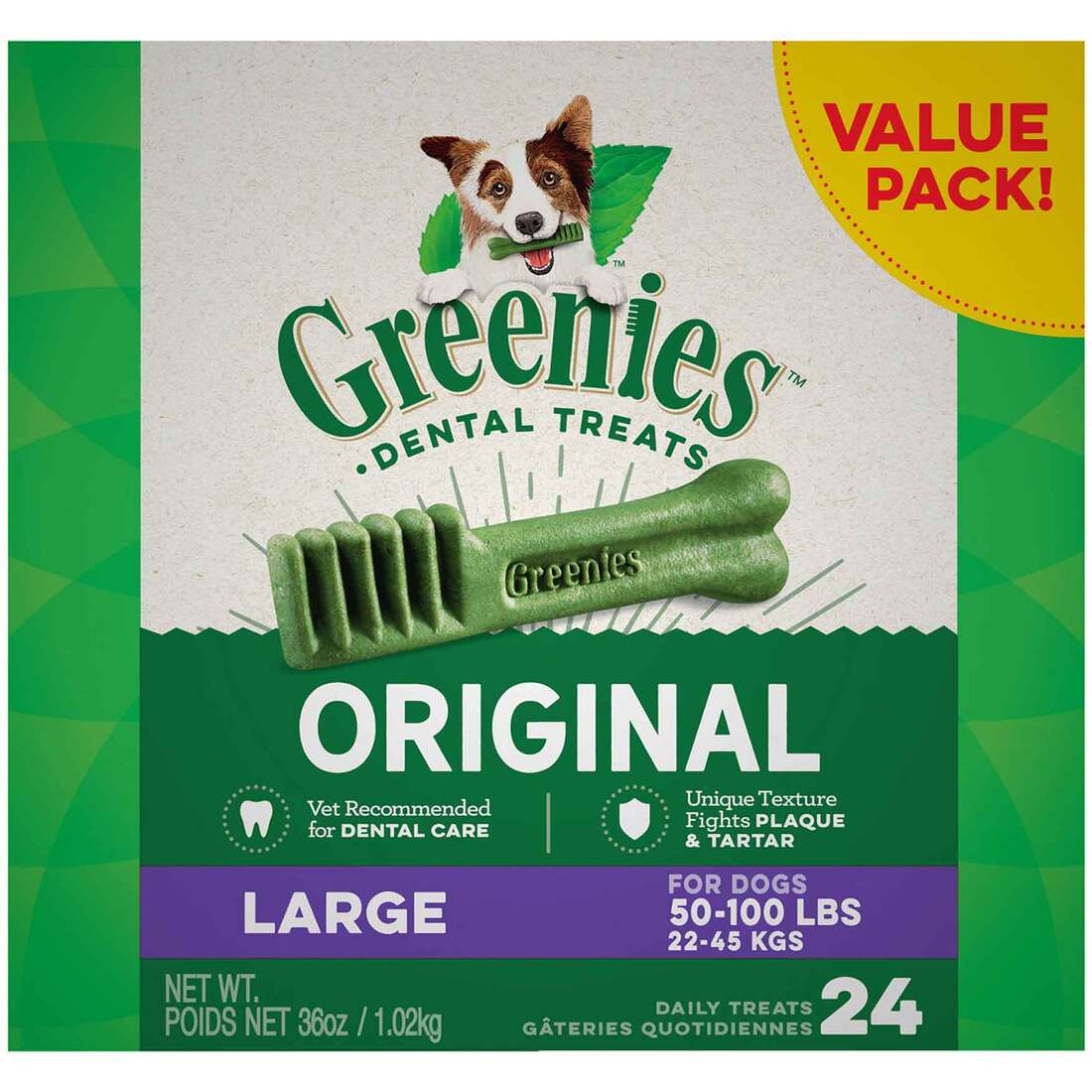 GREENIES Original Large Natural Dog Dental Care Chews Oral Health Dog Treats, 36 Ounce Pack (24 Trea