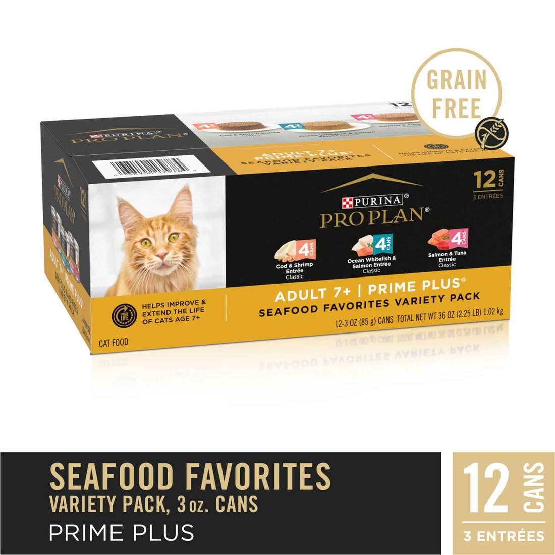 Purina Pro Plan Grain Free Senior Wet Cat Food Variety Pack Pate, SENIOR Seafood Favorites - (12) 3