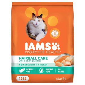 IAMS PROACTIVE HEALTH Adult Hairball Care Dry Cat Food with Chicken and Salmon, 16 Pounds