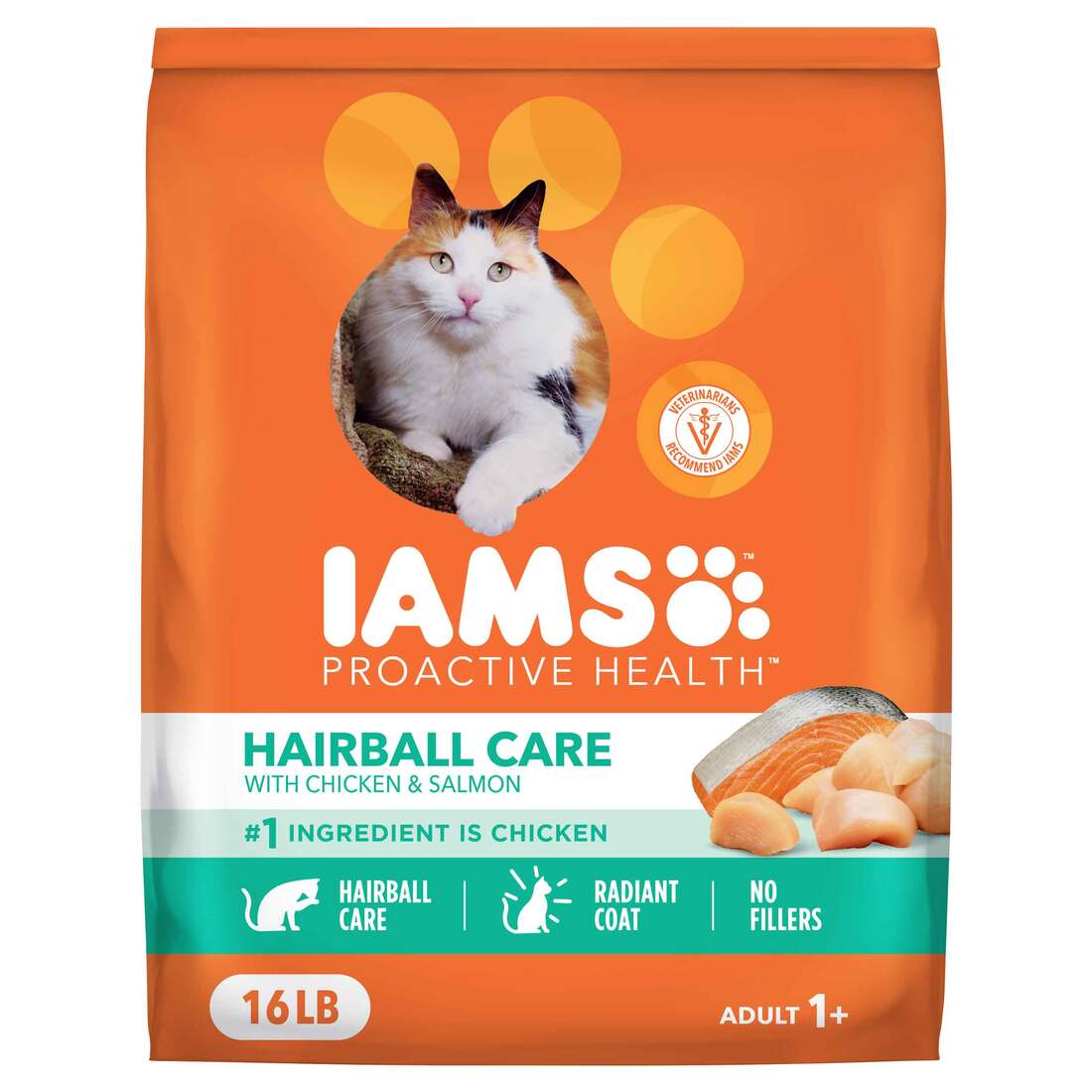 IAMS PROACTIVE HEALTH Adult Hairball Care Dry Cat Food with Chicken and Salmon, 16 Pounds