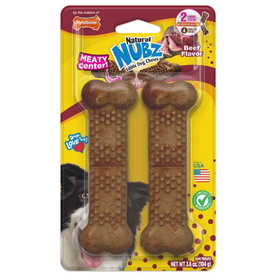 Nylabone Nubz Meaty Beef Center Dog Chew, Large, 2 Count, 3.6 Ounces