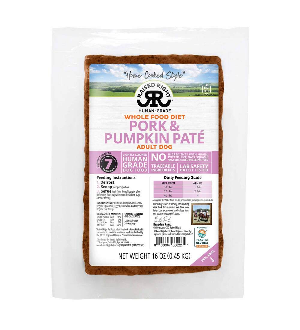 Raised Right "Home Cooked Style" Adult Frozen Paté Dog Food, Pork & Pumpkin, 1 Pound - Not Availabl
