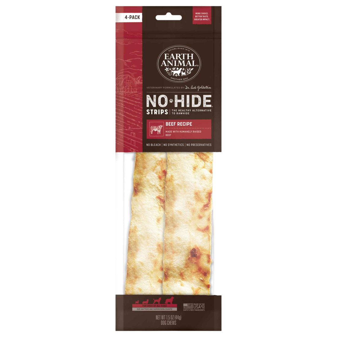 Earth Animal No-Hide Strips Beef Recipe Natural Rawhide Alternative Dog Chew Treat, 4 Pack