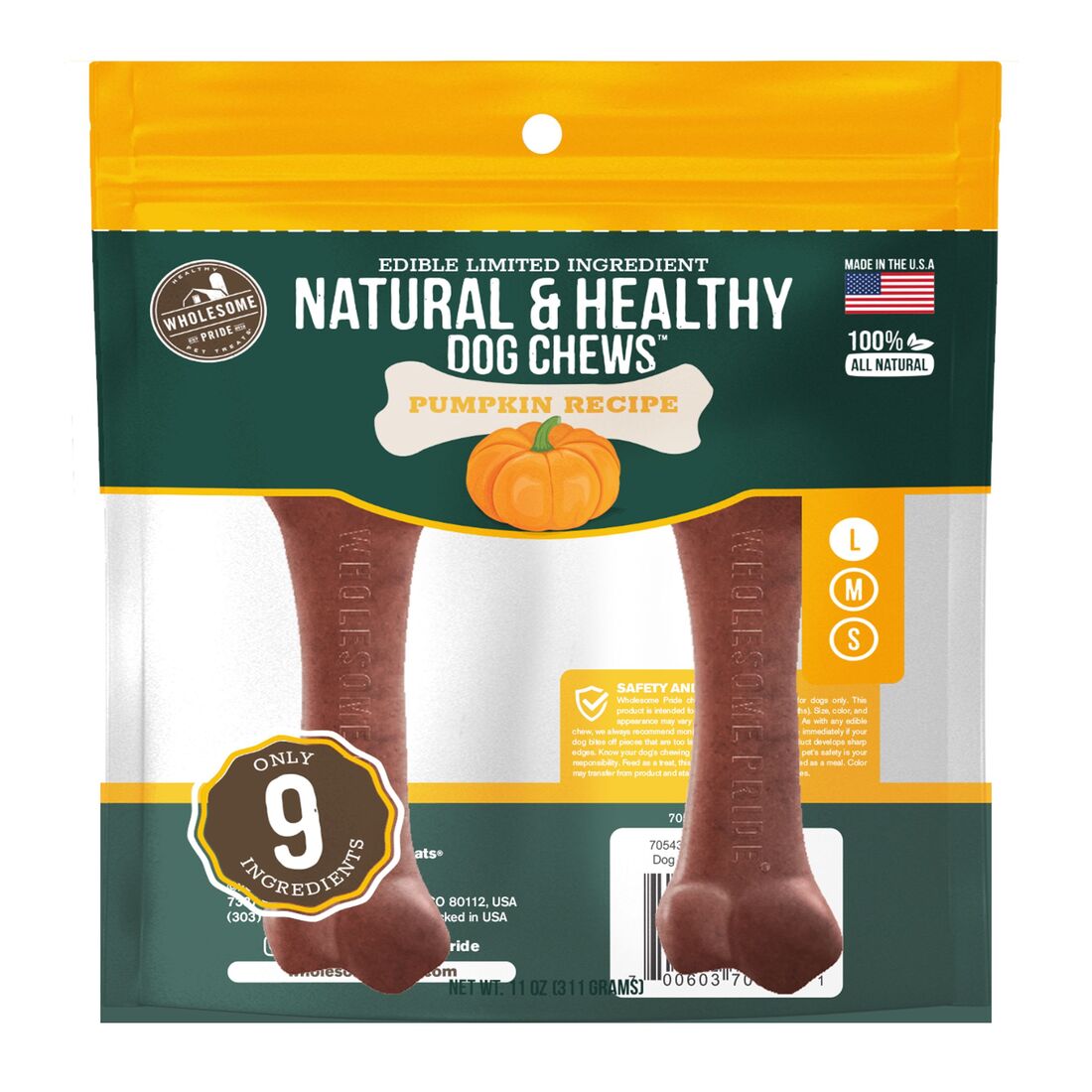 Wholesome Pride Edible Limited Ingredient Healthy & Natural Dog Chews, Pumpkin, 2 Pack, Large