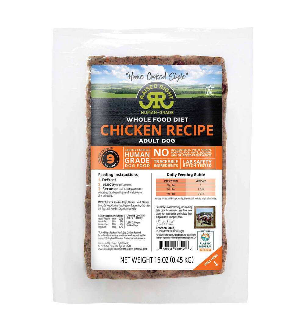 Raised Right "Home Cooked Style" Adult Frozen Dog Food, Original Chicken Recipe, 1 Pound - Not Avai