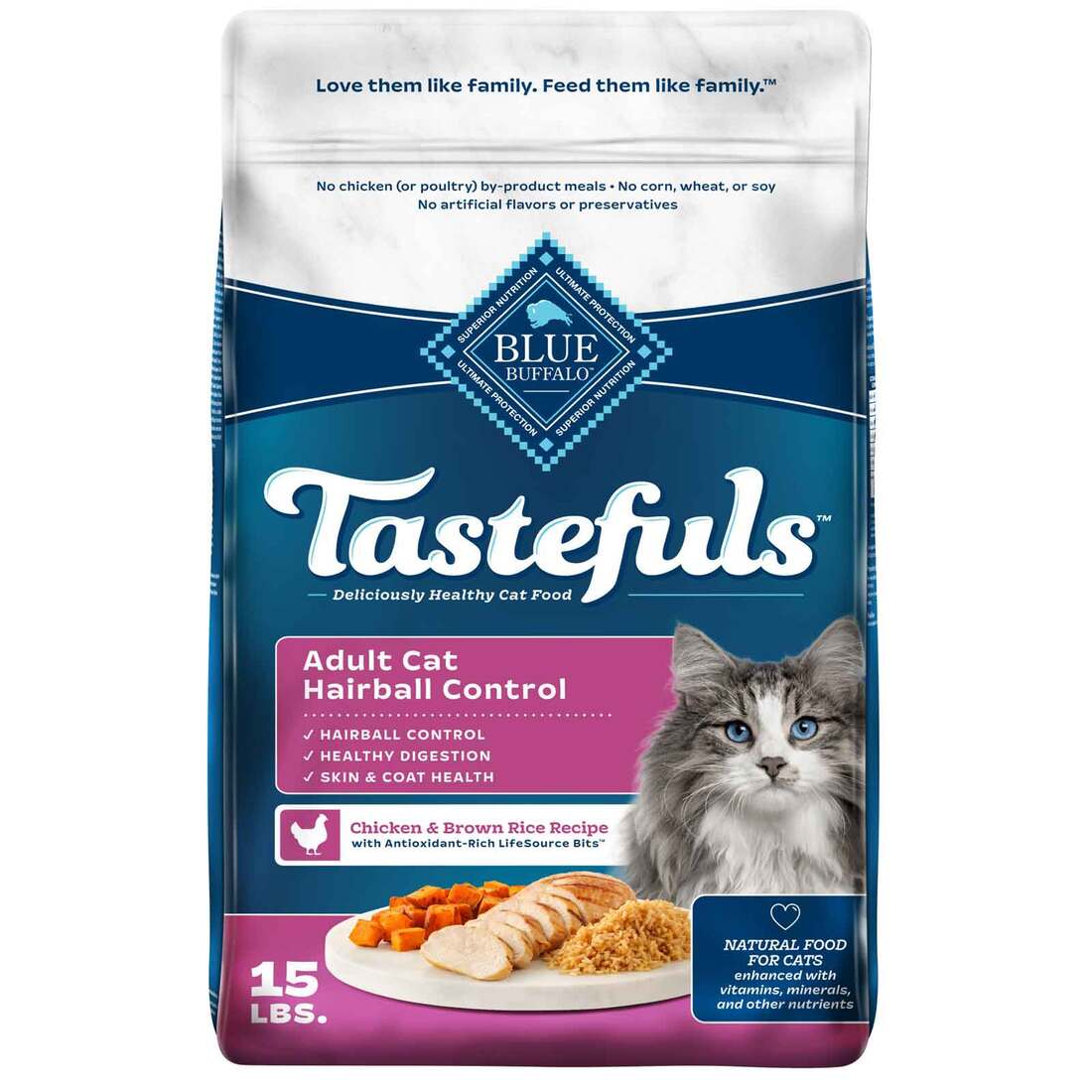 Blue Buffalo Tastefuls Adult Natural Hairball Control Dry Cat Food, Chicken & Brown Rice Recipe, 15