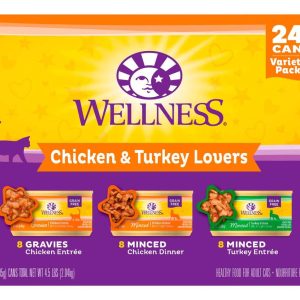 Wellness Natural Wet Cat Food, Chicken & Turkey Lovers Minced and Gravies Variety Pack (24), 3 Ounce