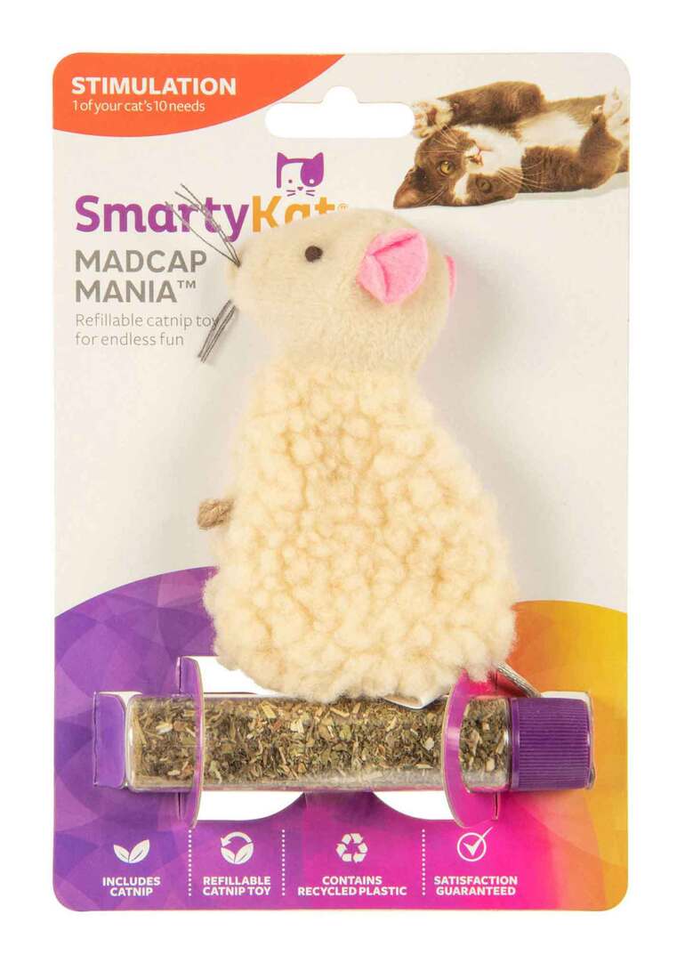 SmartyKat Madcap Mania Mouse, Refillable Plush Catnip Cat Toy with Catnip Tube